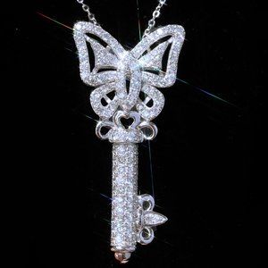 NEW Silver Diamond Butterfly Key Pendant Necklace